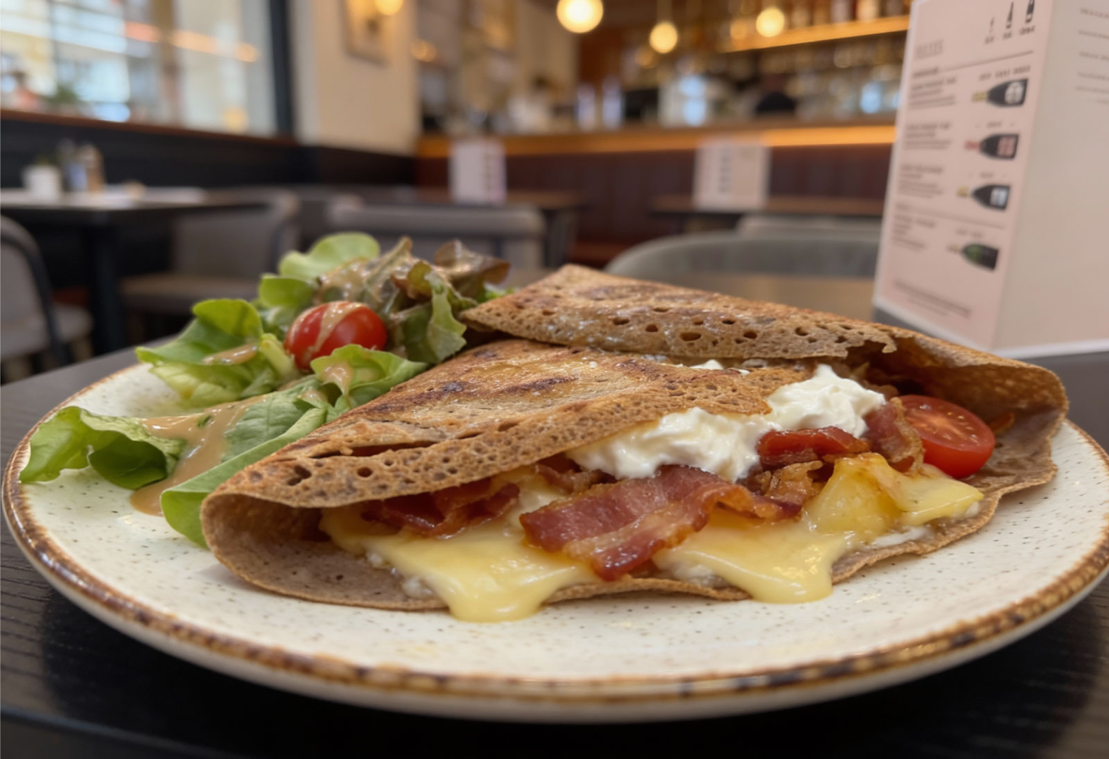 Galette salée au bacon, emmental fondant, œufs brouillés, salade fraîche et tomates à La Frégate, brasserie crêperie à Montigny-le-Bretonneux