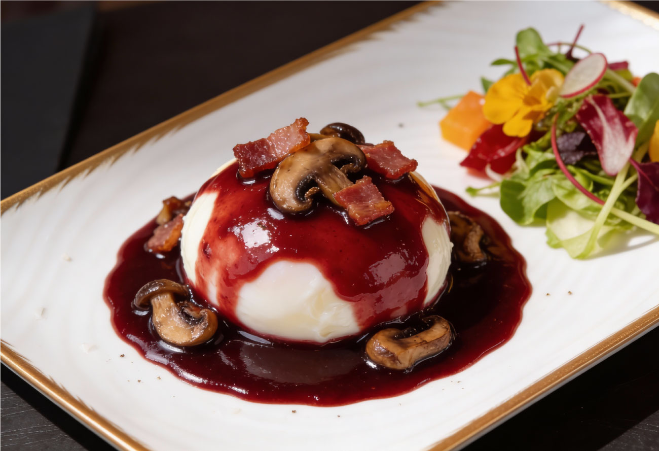 Œuf en meurette à la bourguignonne – plat traditionnel à La Frégate, Montigny-le-Bretonneux